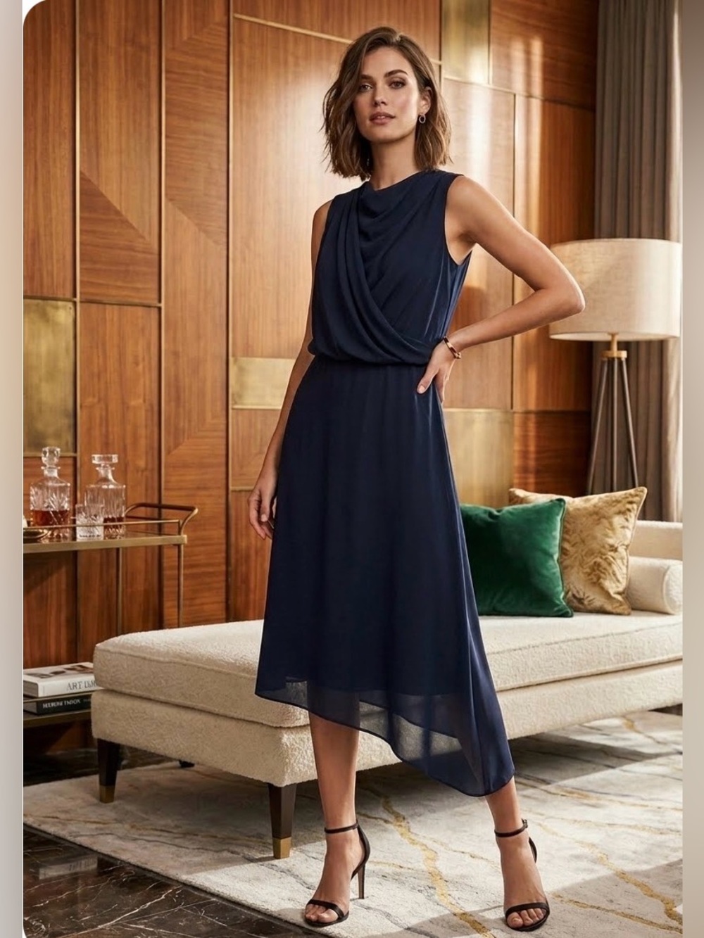 MAGGY LONDON Satin Blouson Pleated Asymmetric Midi Dress Navy 2 NWT